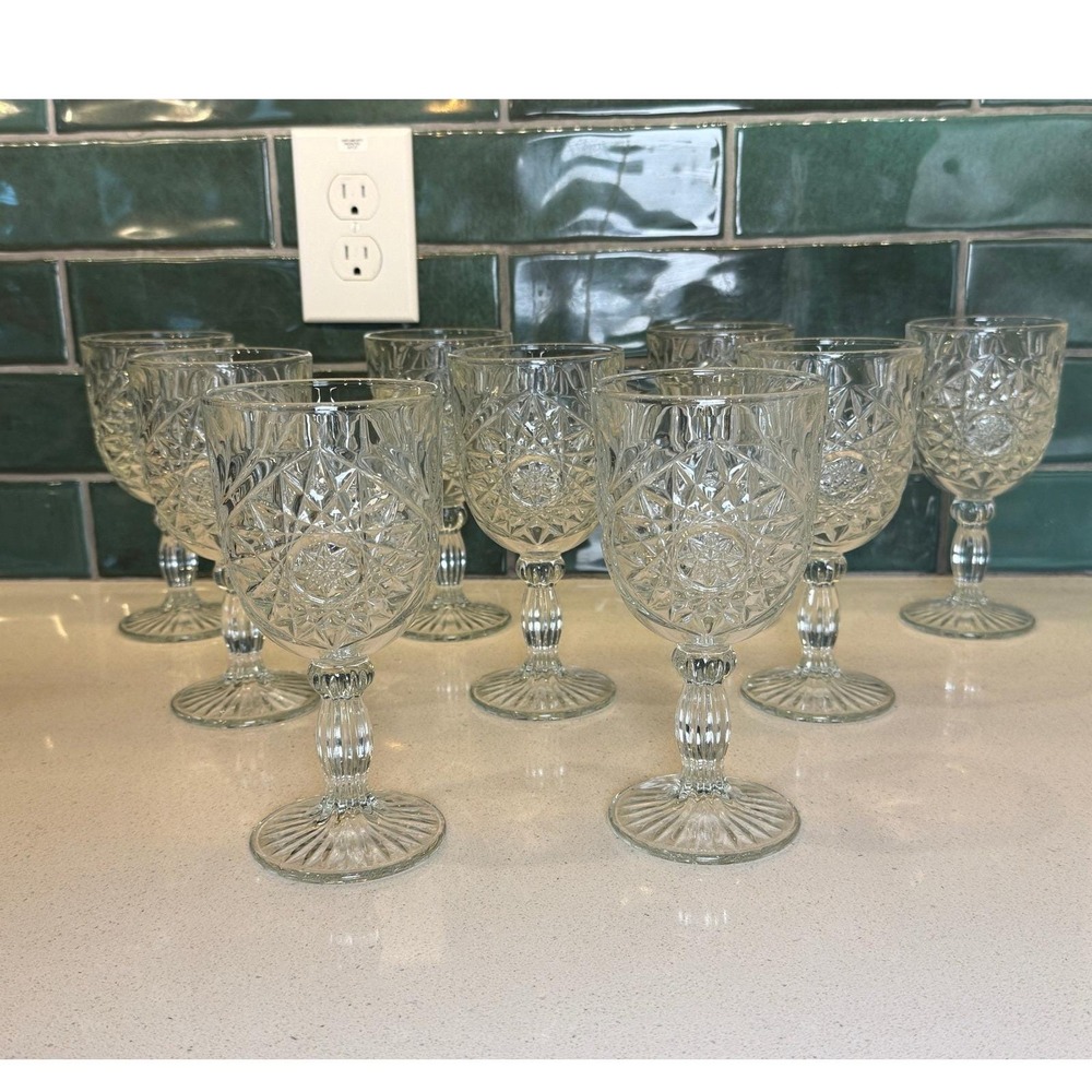 Vintage Clear Pressed Glass Goblets Set of 9 Starburst Hobstar Stemmed Glasses
